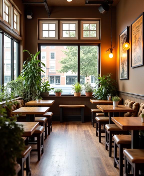 The warm and inviting interior of The Daily Grind, with comfortable seating and plants.