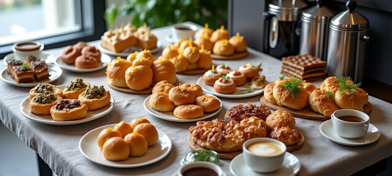 A beautiful spread of catered pastries and coffee for an office meeting.
