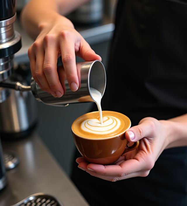 A barista expertly pouring a fresh coffee.