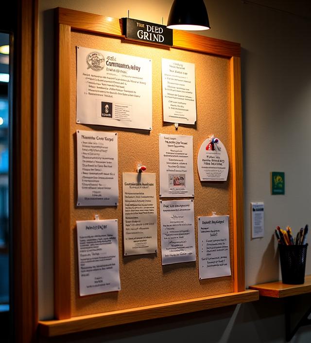 A brightly lit community notice board inside the cafe.