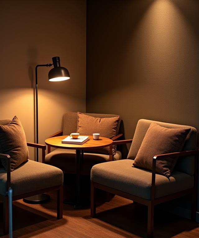 A cozy corner in the cafe with soft lighting and comfortable chairs.
