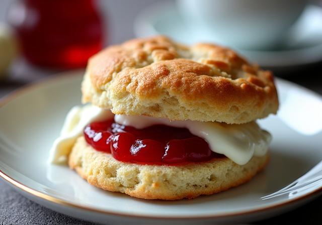 A delicious freshly baked scone with jam and clotted cream.