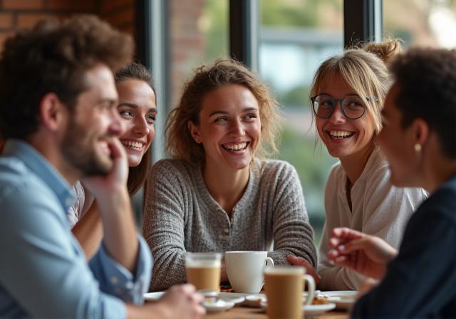 A group of happy customers laughing and enjoying coffee.