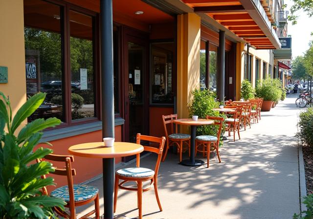 The charming outdoor seating area of the cafe on a sunny day.