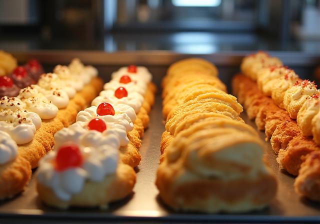 A close-up of the delicious pastry selection behind the counter.