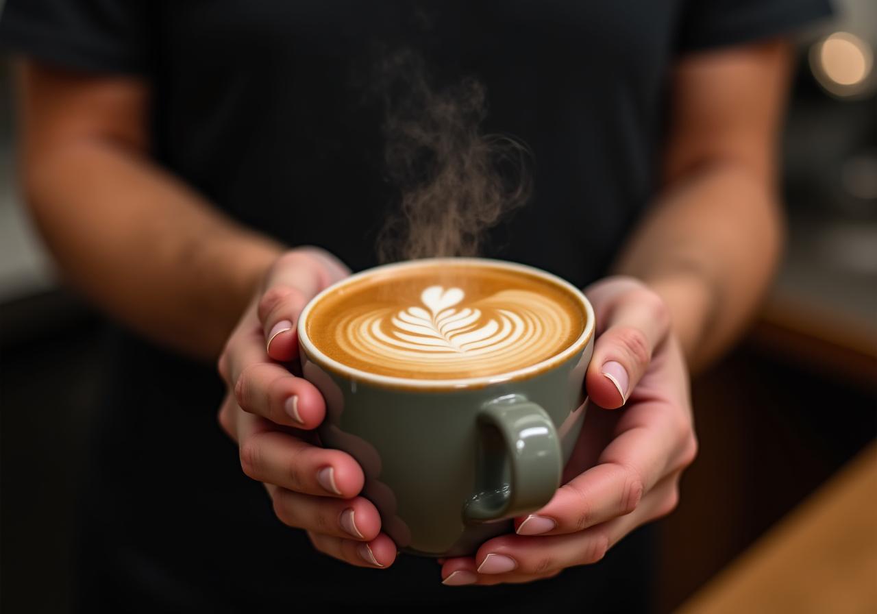 A skilled barista creating beautiful latte art in a ceramic cup.