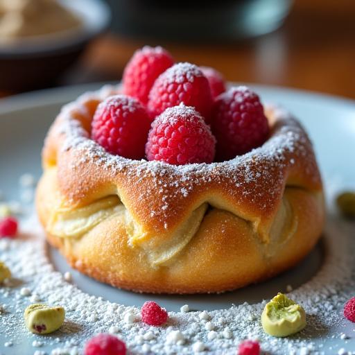A delicious-looking seasonal raspberry and pistachio cruffin on a plate.